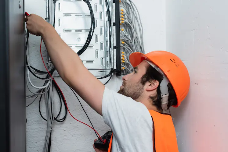 Electricista revisando un cuadro eléctrico durante una intervención de urgencia en Valencia